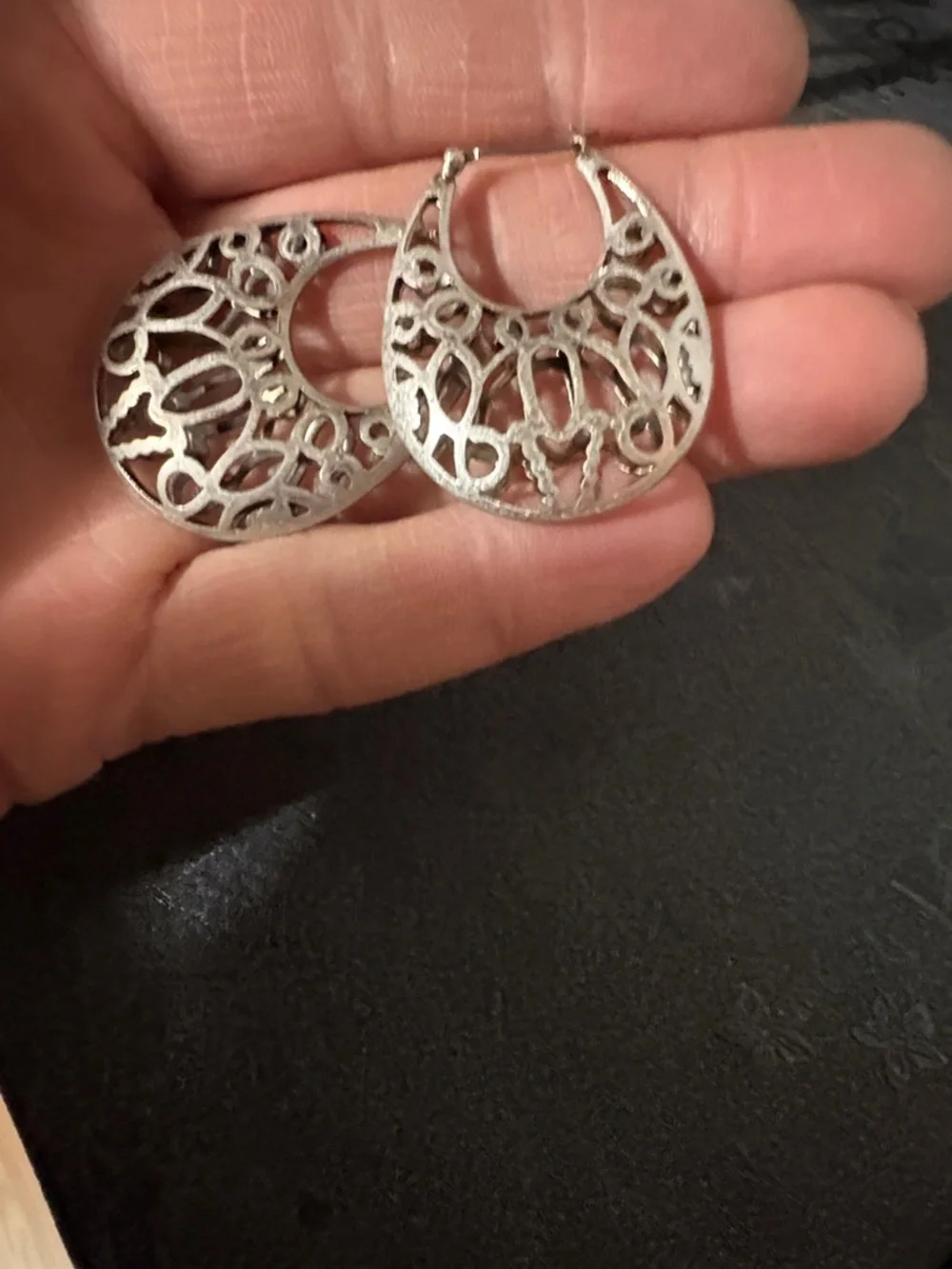 VINTAGE ORNATE FILIGREE HOOP SILVER-TONE DROP 1.5